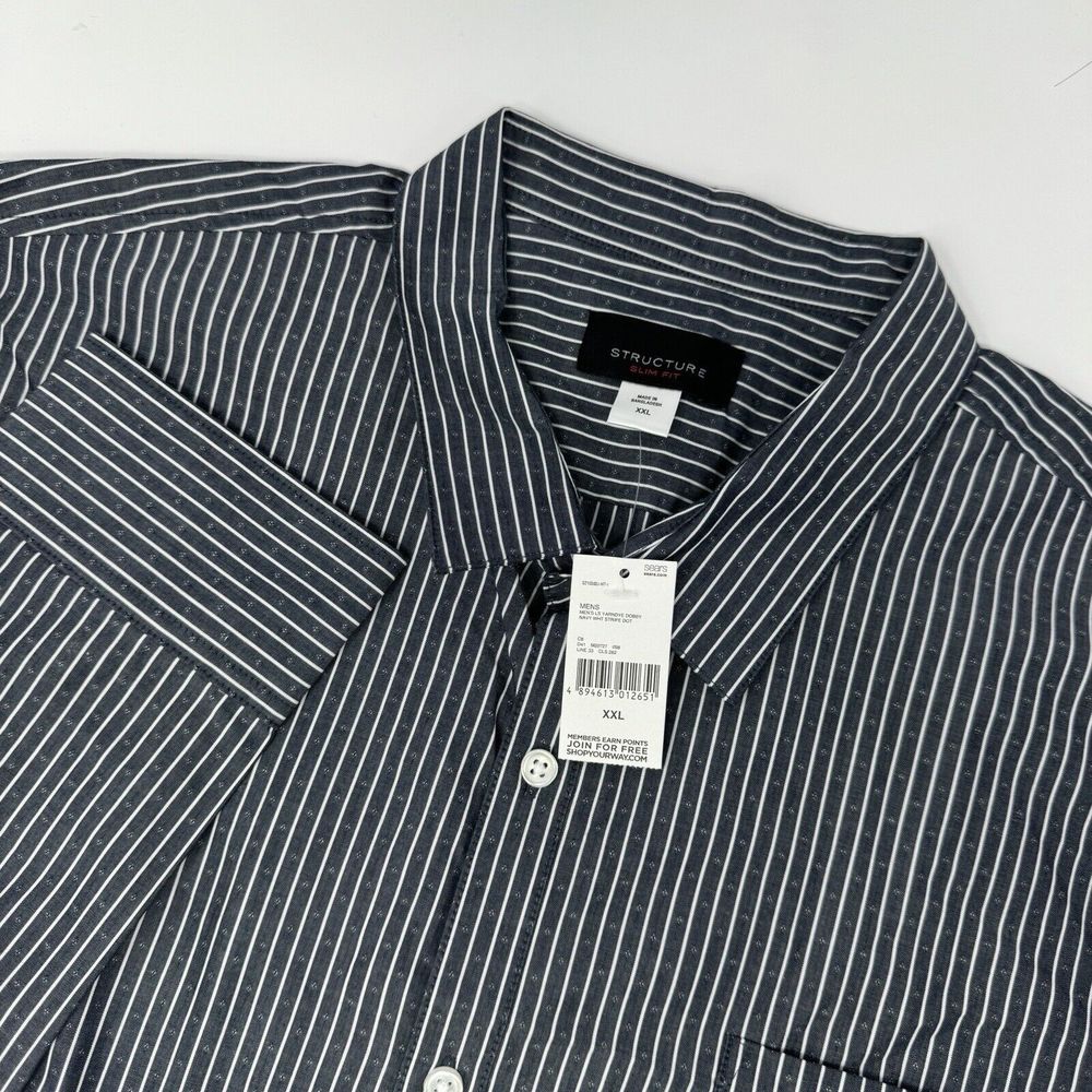 Structure SLIM FIT Mens LS Yarn Dye Dobby Navy White Stripe Dot Sz‎ XXL